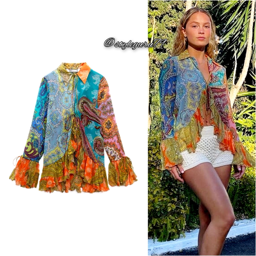 NWT, ZARA, Printed Ruffled Blouse